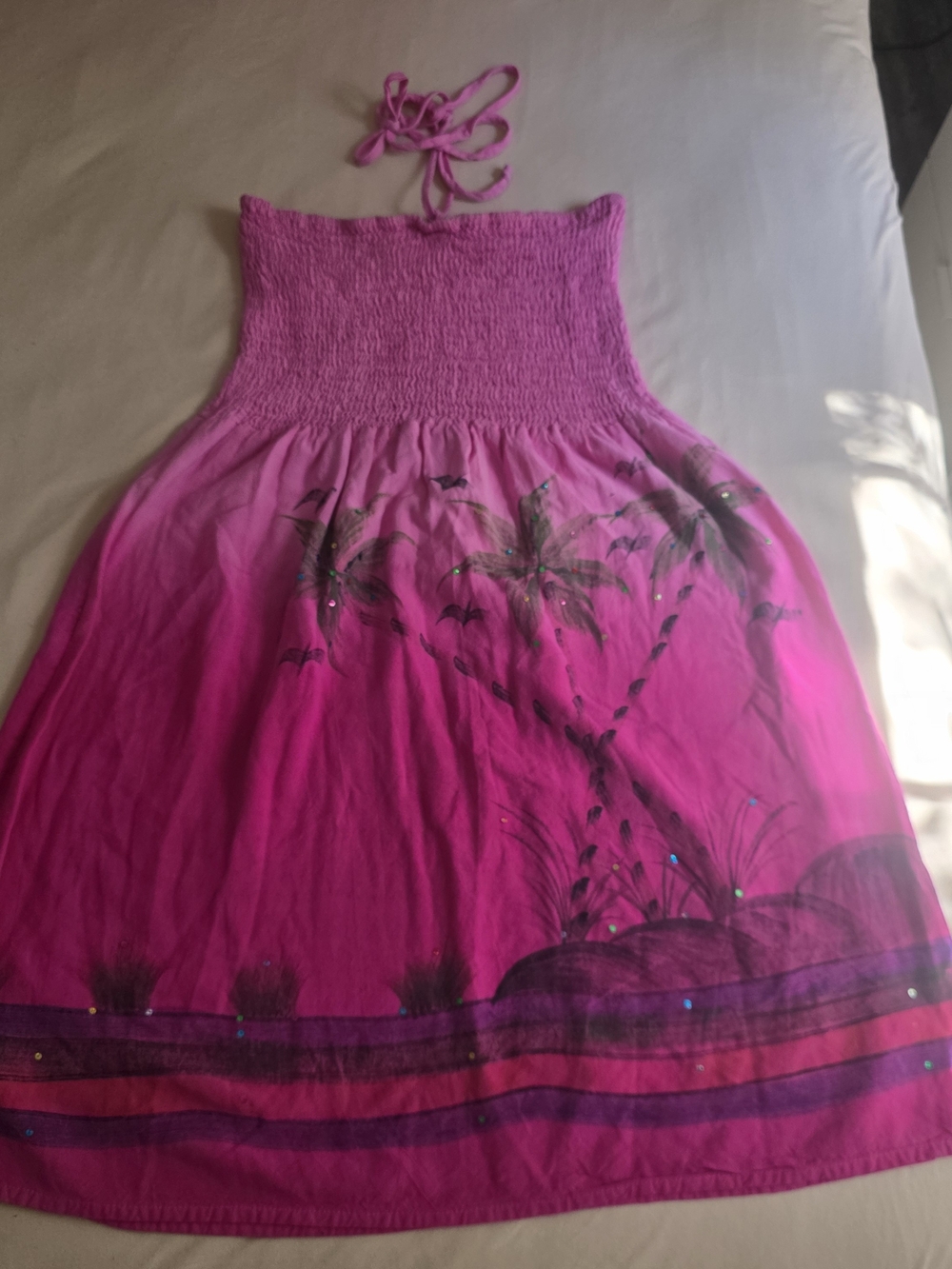 Y2K Pink Tropical Palm Tree Sequin Halter Maxi Dress M